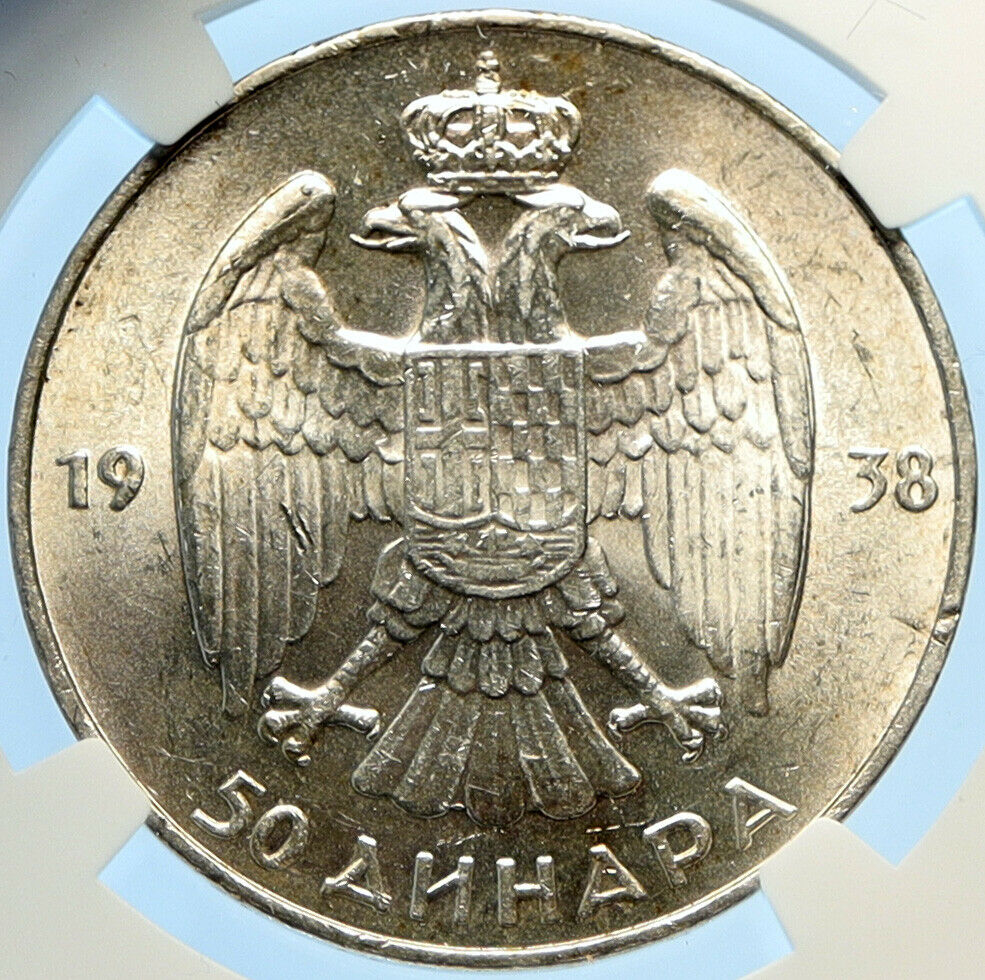 1938 YUGOSLAVIA King Peter II Crowned Eagle OLD Silver 50 Dinara Coin NGC i98387