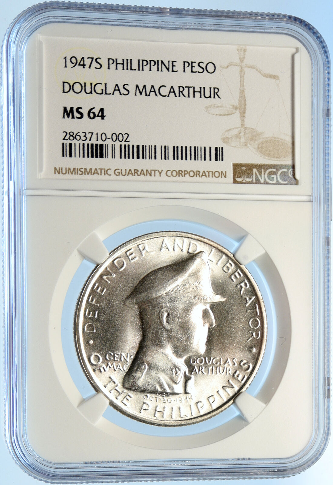 1947 S PHILIPPINES US WWII General DOUGLAS MACARTHUR Silver Peso Coin NGC i98385