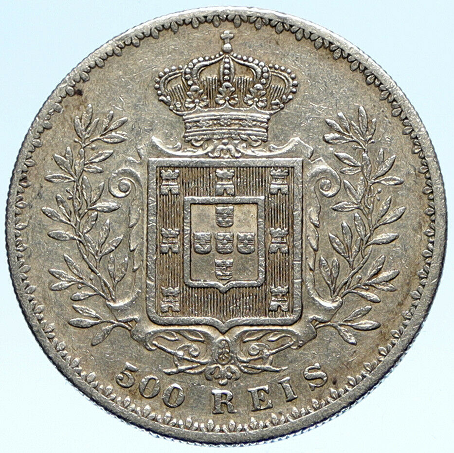 1891 PORTUGAL King Carlos I Antique OLD Silver 500 Reis Portuguese Coin i98835