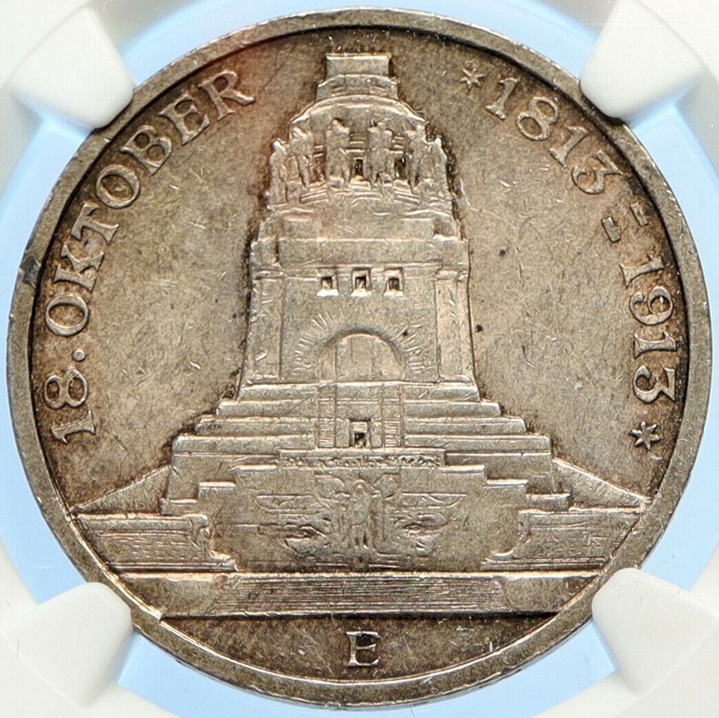 1913 E German State SAXONY Napoleon LEIPZIG BATTLE Silver 3 Mark Coin NGC i98384