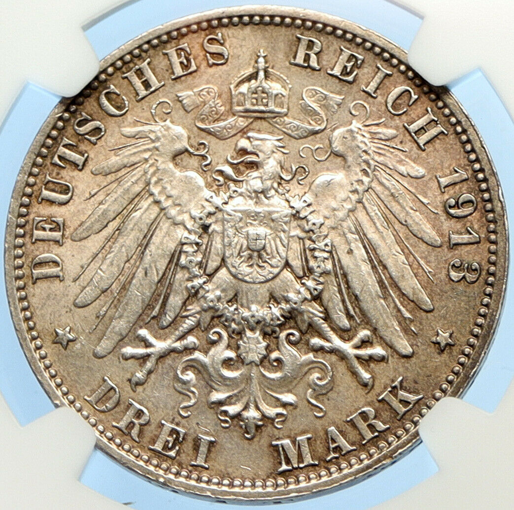 1913 E German State SAXONY Napoleon LEIPZIG BATTLE Silver 3 Mark Coin NGC i98384