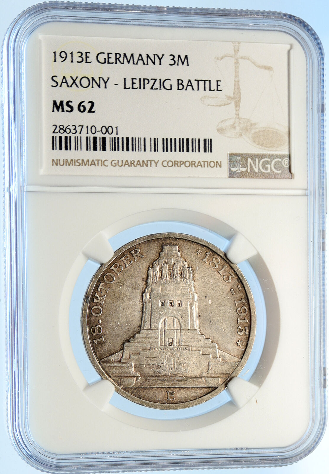 1913 E German State SAXONY Napoleon LEIPZIG BATTLE Silver 3 Mark Coin NGC i98384