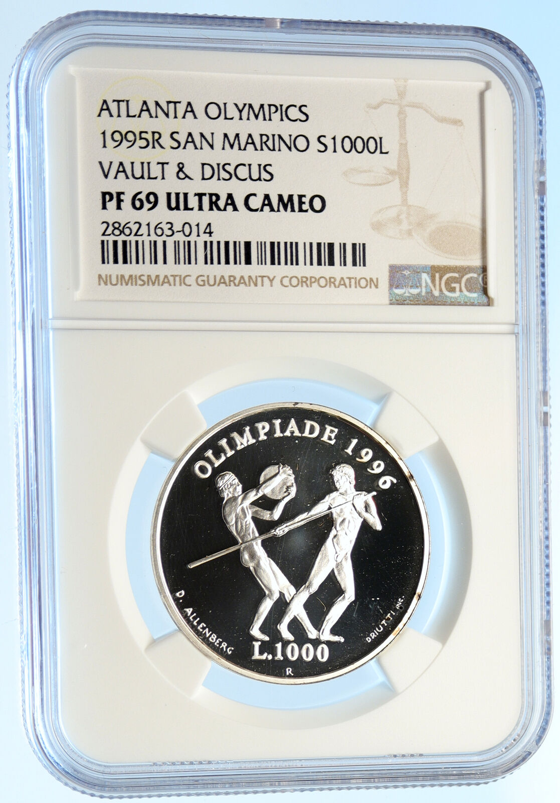 1995R SAN MARINO Italy ATLANTA '96 OLYMPICS PRF Silver 1000 Lire Coin NGC i97532