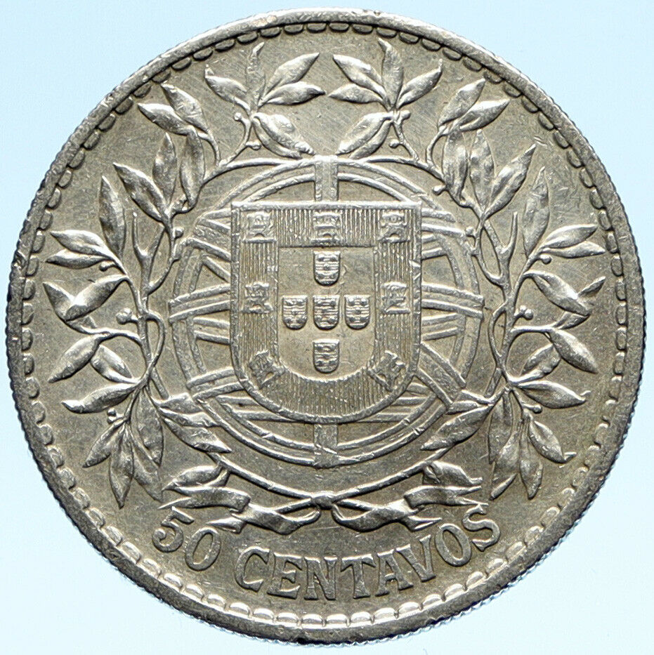 1912 PORTUGAL Antique BIG Silver 50 Centavos PORTUGUESE Coin w LIBERTY i98843