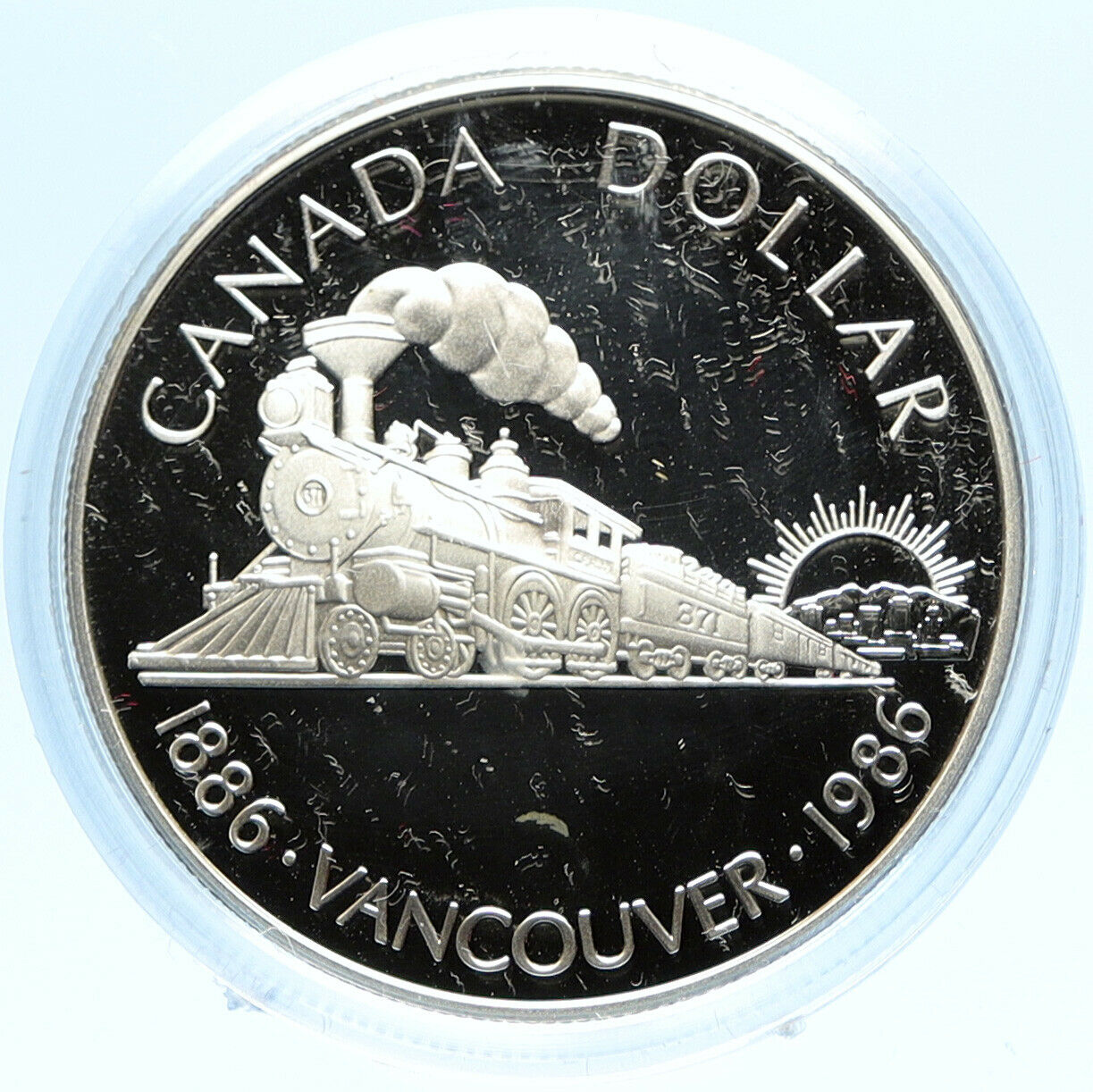 1986 CANADA Vancouver with UK Queen Elizabeth II Train Proof Silver Coin i98827