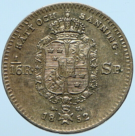 1852 Sweden KING OSCAR I Wreath Swedish OLD 1/16 Riksdaler Specie Coin i98864