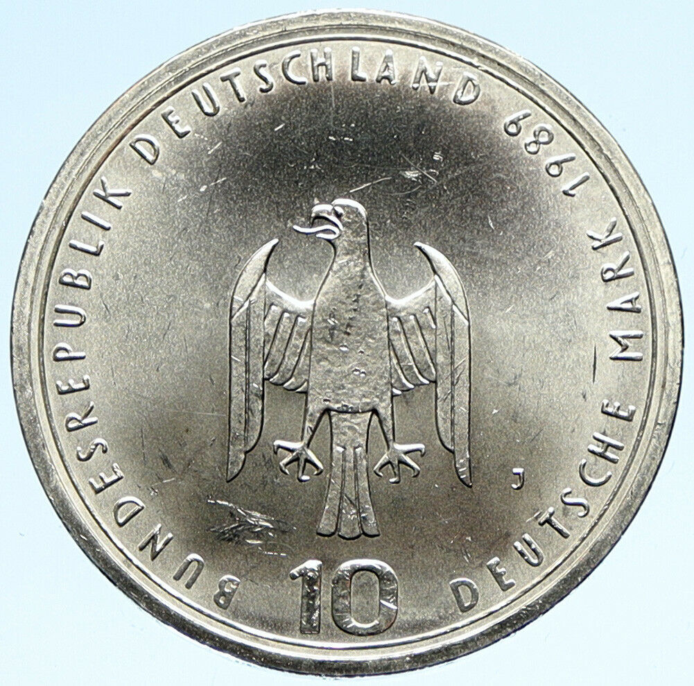 1989 GERMANY Hamburg Castle Eagle Genuine Antique BU Silver 10 Mark Coin i98867