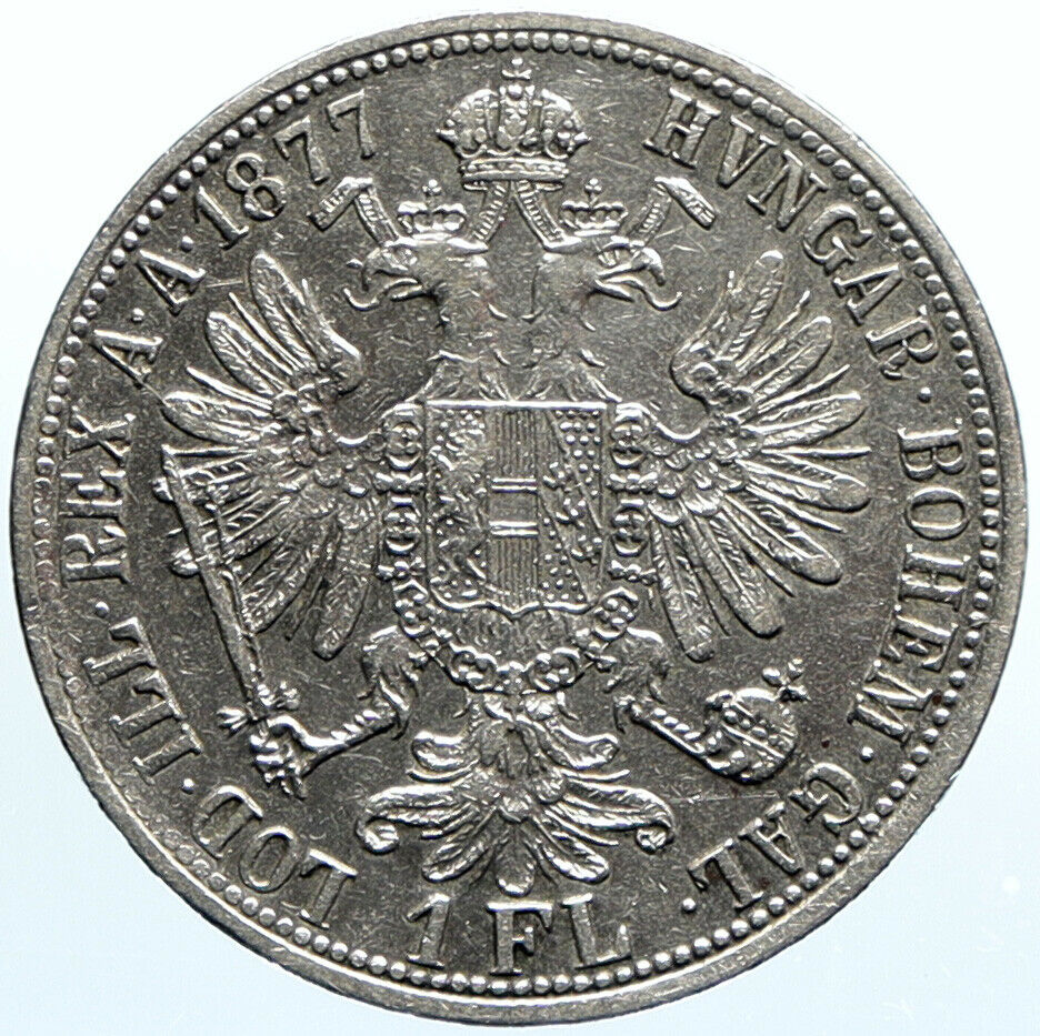 1877 AUSTRIA King FRANZ JOSEPH I Vintage Antique OLD Silver Florin Coin i99043