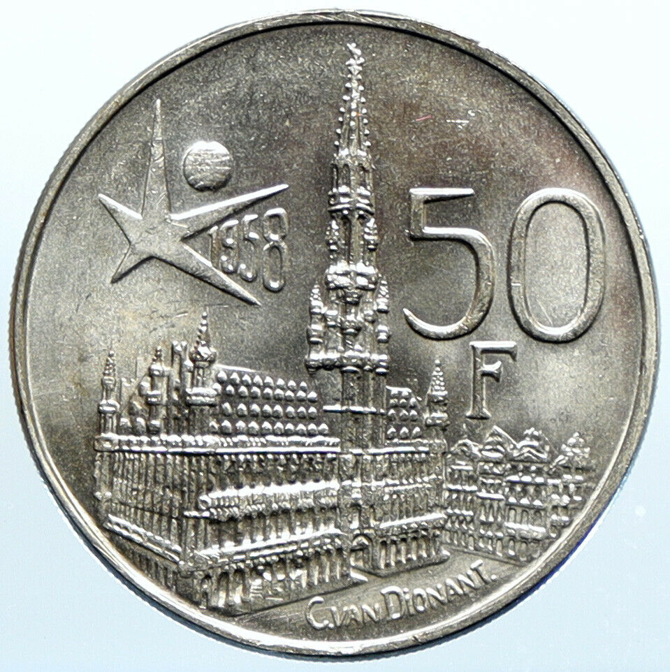 1958 BELGIUM BRUSSELS WORLD's FAIR 58 Baudouin BU Silver 50 Francs Coin i99045