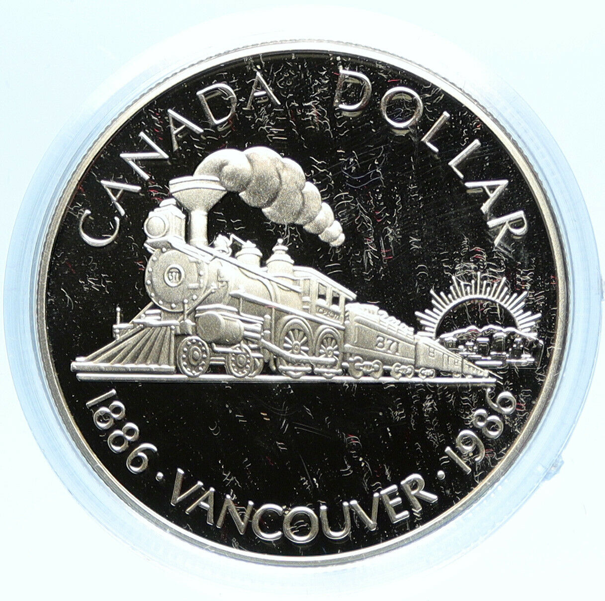 1986 CANADA Vancouver with UK Queen Elizabeth II Train Proof Silver Coin i98825