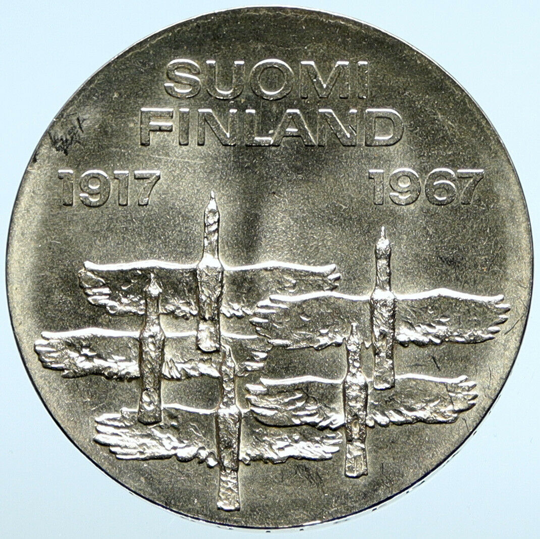 1967 FINLAND Geese Flying 50Y Independence VINTAGE Silver 10 Markkaa Coin i98866