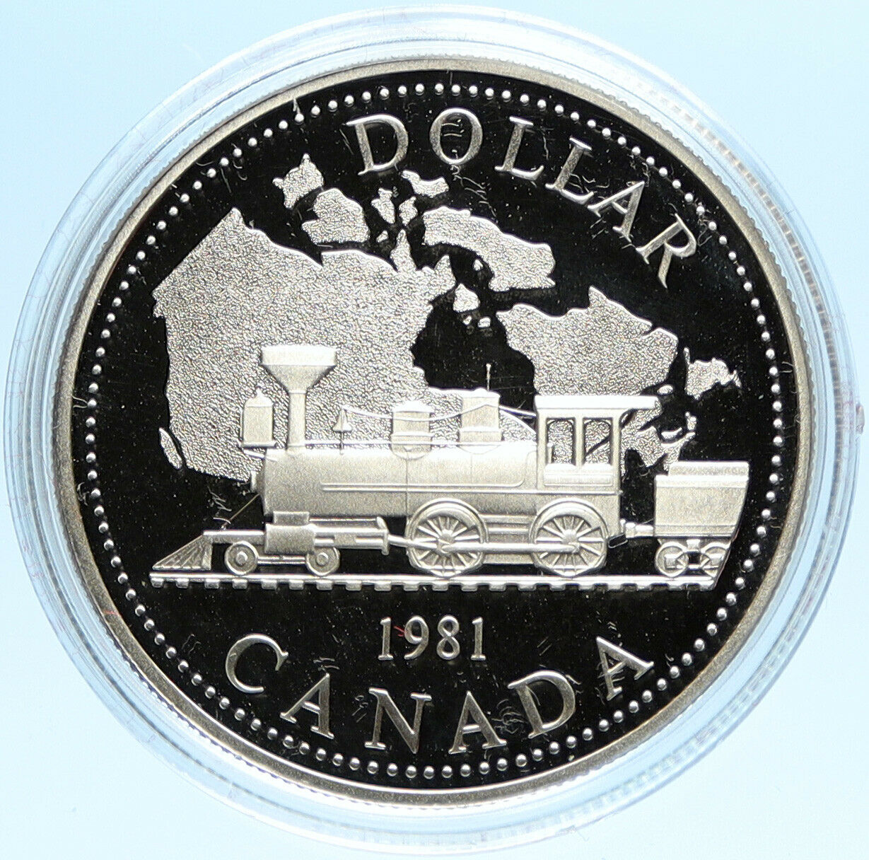 1981 CANADA UK Queen Elizabeth II Railway Train PROOF Silver Dollar Coin i98831