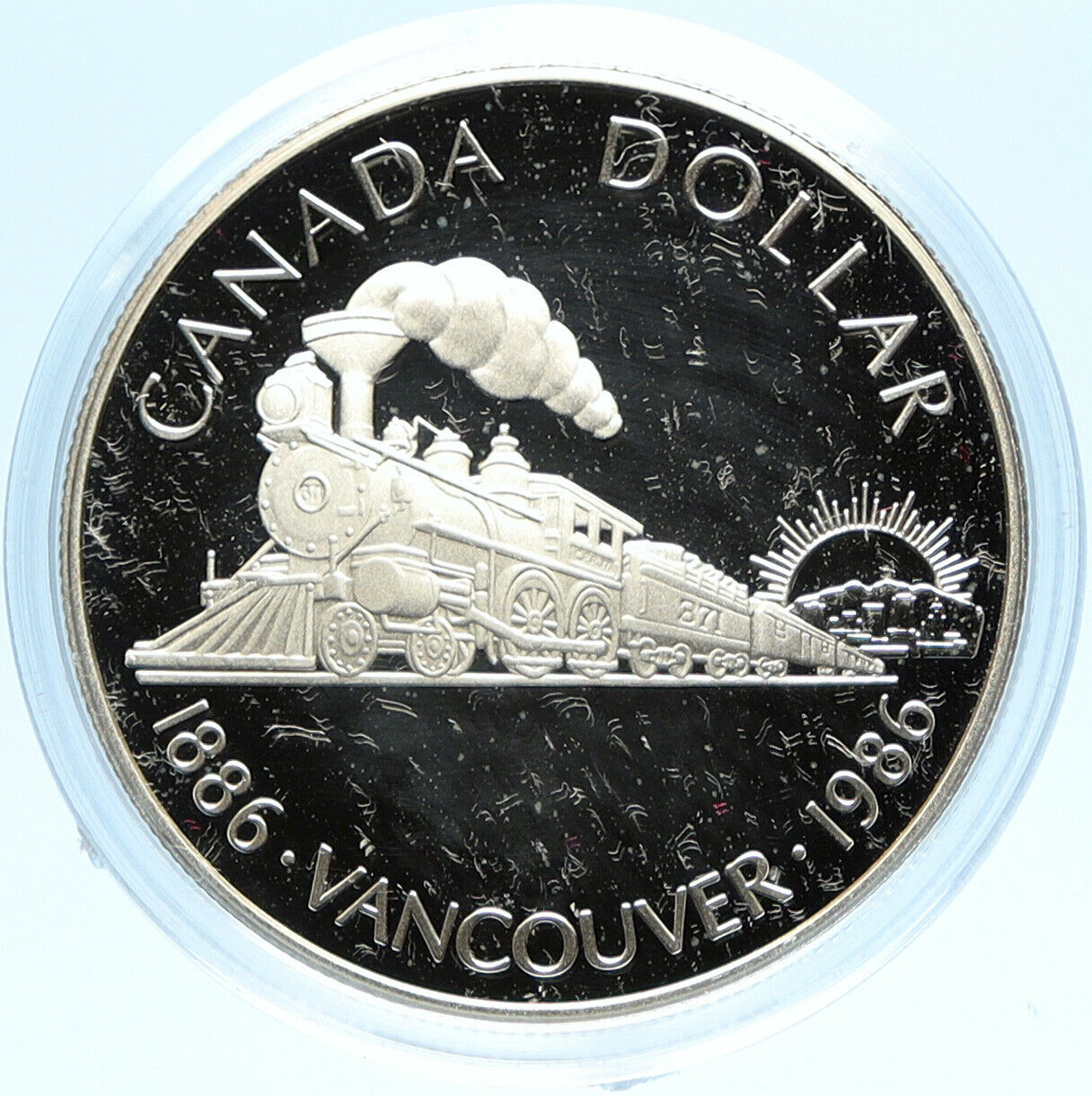 1986 CANADA Vancouver with UK Queen Elizabeth II Train Proof Silver Coin i98829