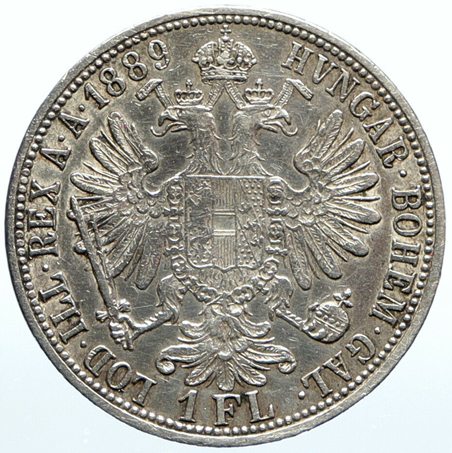 1889 AUSTRIA w King FRANZ JOSEPH I Antique VINTAGE Silver 1 Florin Coin i99050