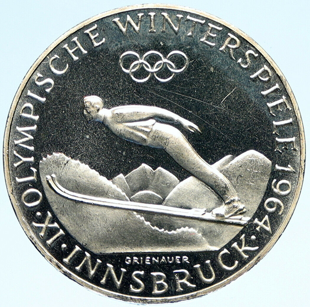 1964 AUSTRIA Innsbruck Winter Olympic Games SKIING PRF Silver 50Shlg Coin i98915