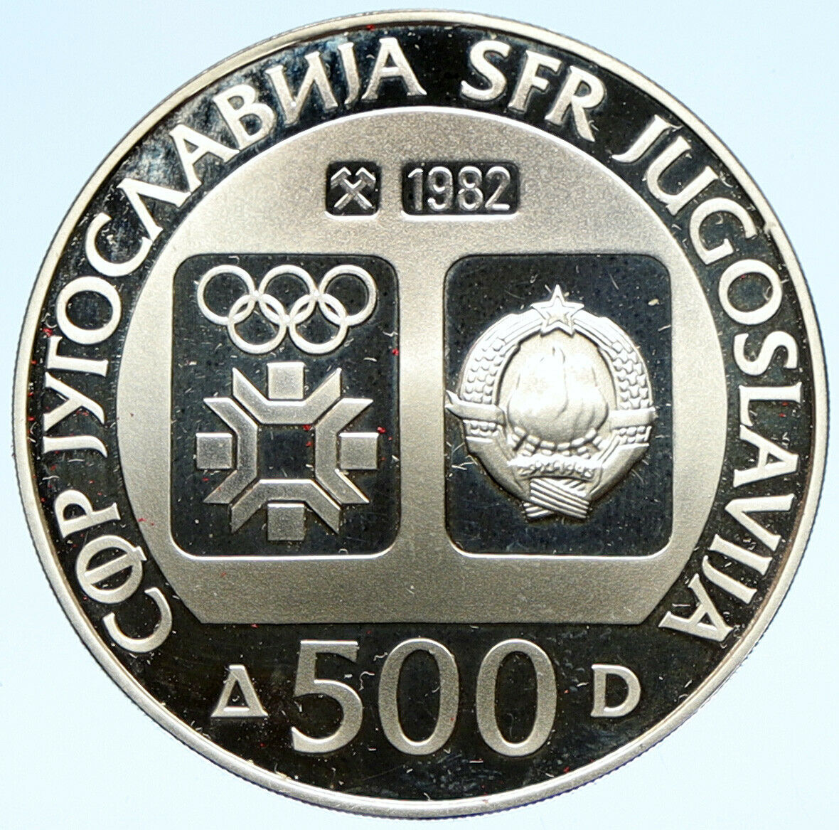 1982 YUGOSLAVIA '84 Winter Olympics SARAJEVO Skier Proof Silver 500D Coin i98950