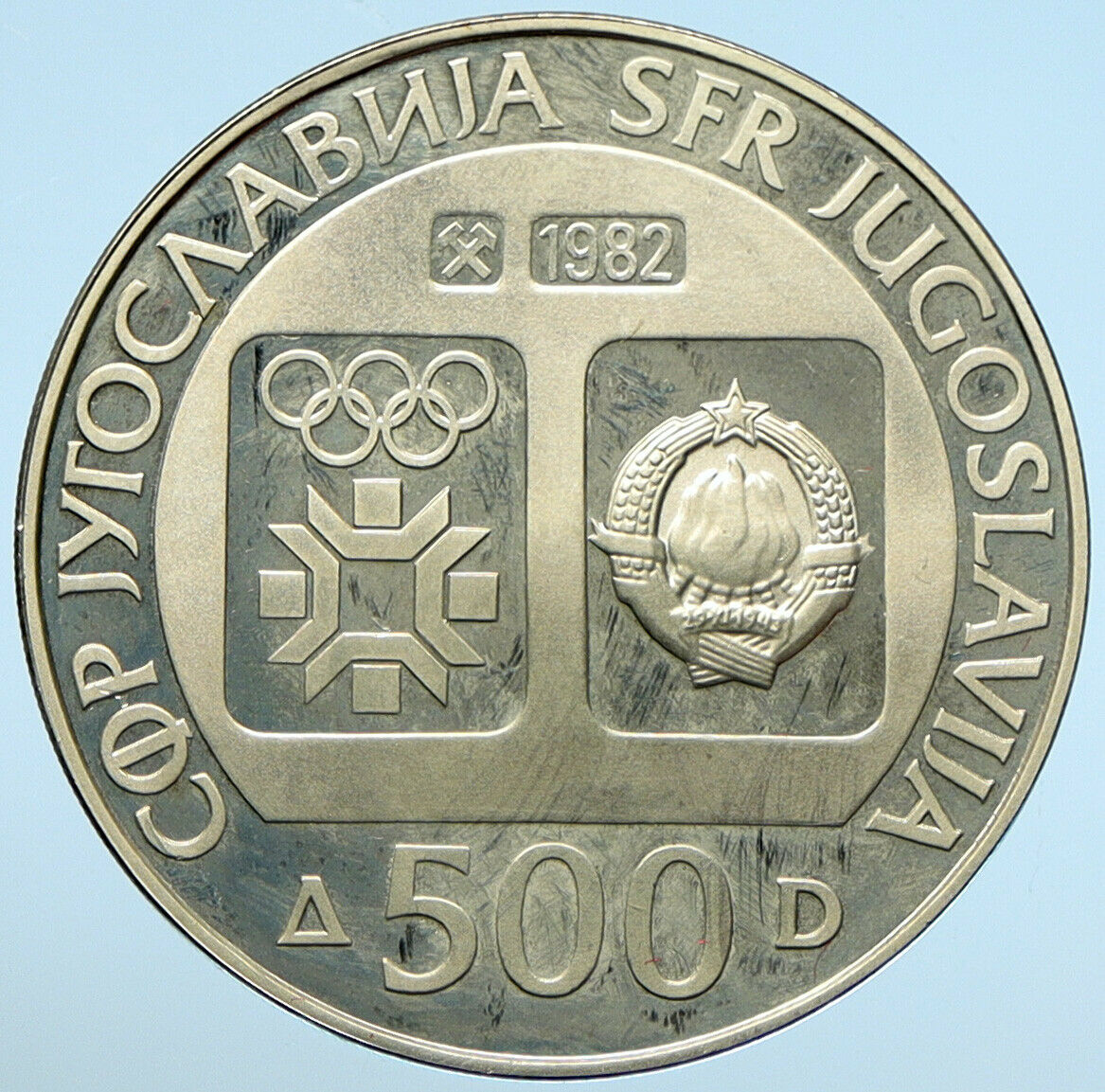 1982 YUGOSLAVIA '84 Winter Olympics SARAJEVO Skier Proof Silver 500D Coin i99033