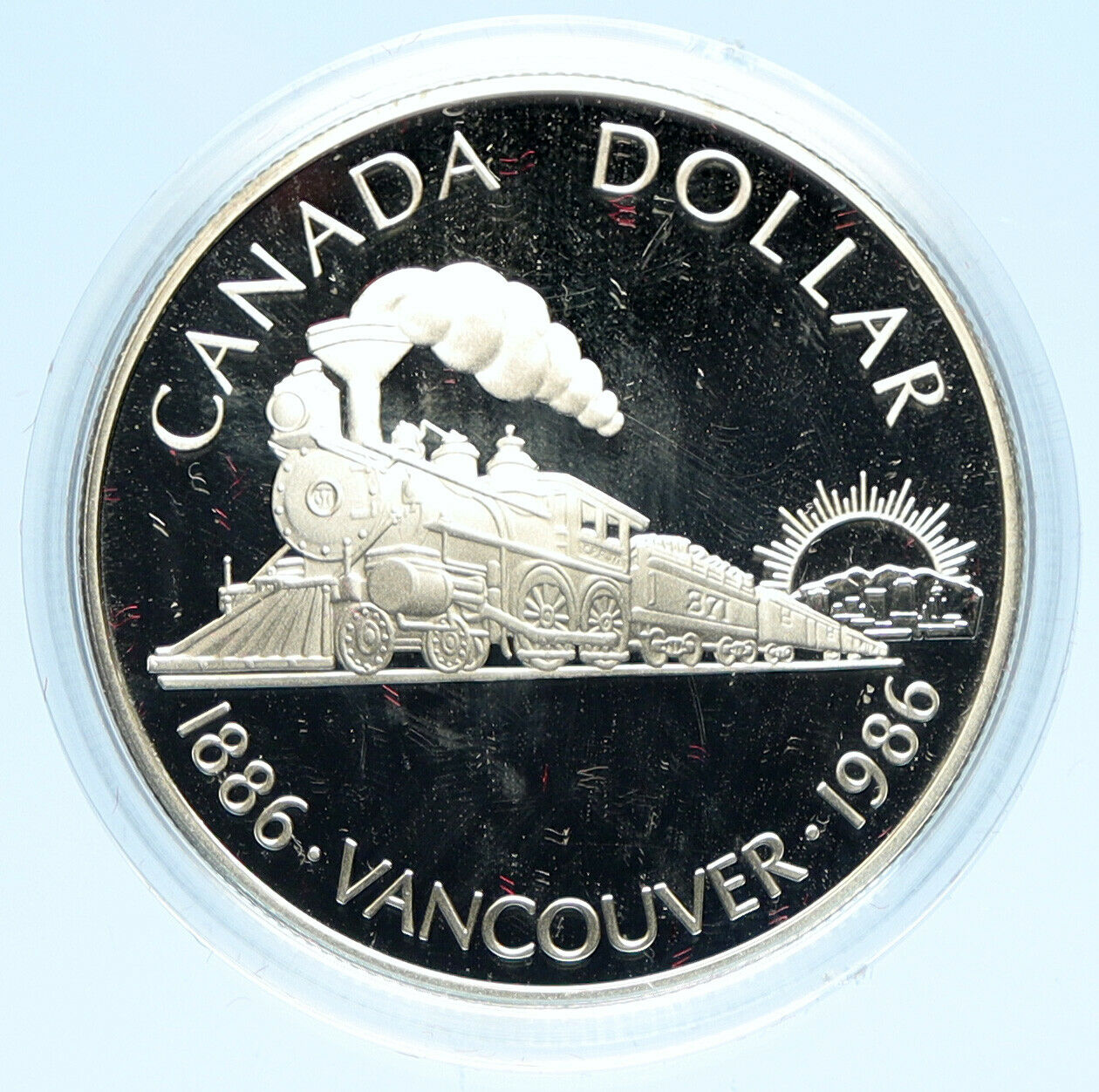 1986 CANADA Vancouver with UK Queen Elizabeth II Train Proof Silver Coin i98917