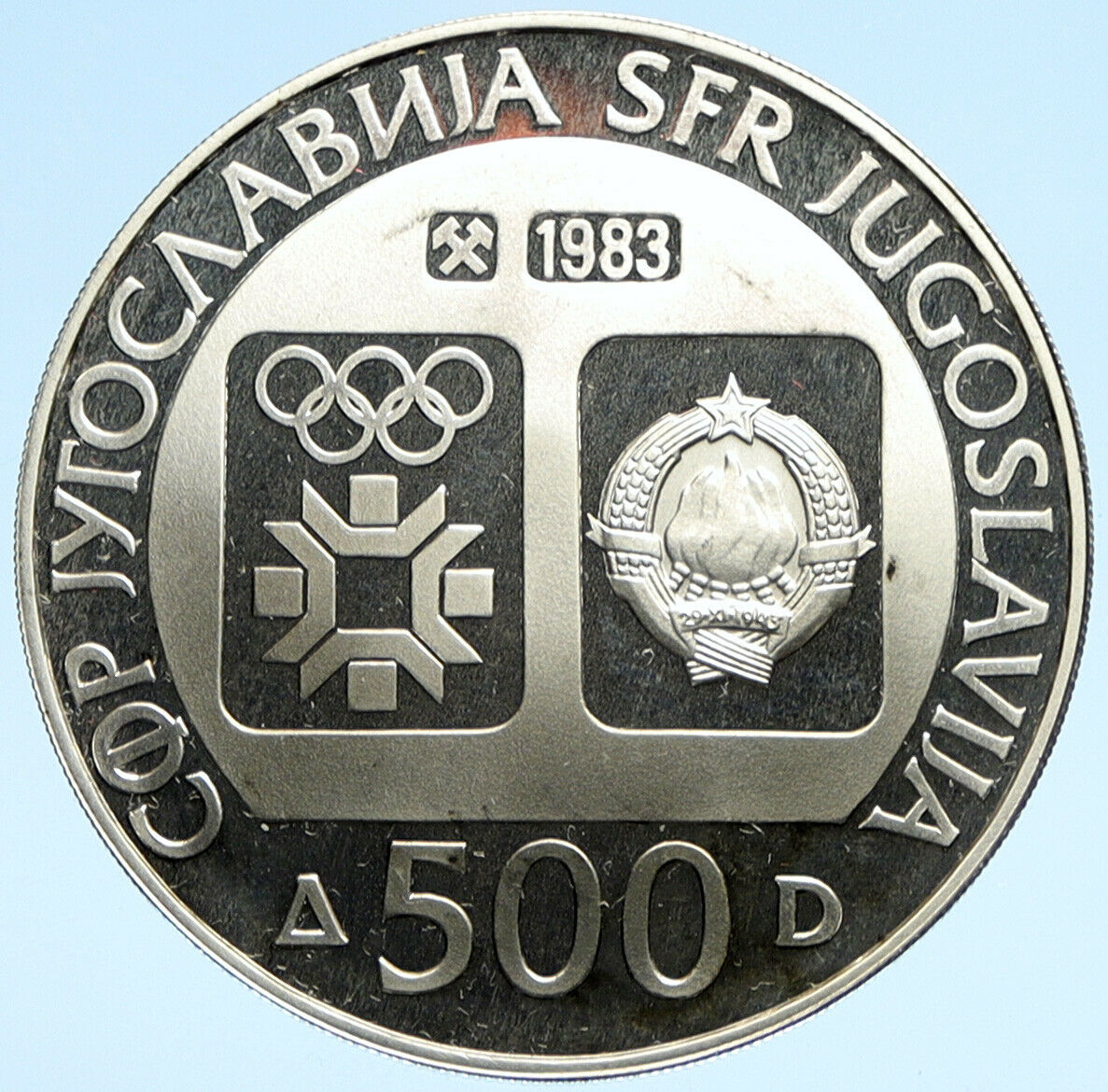 1983 YUGOSLAVIA '84 Winter Olympics SARAJEVO Biathlon PF Silver 500D Coin i98939