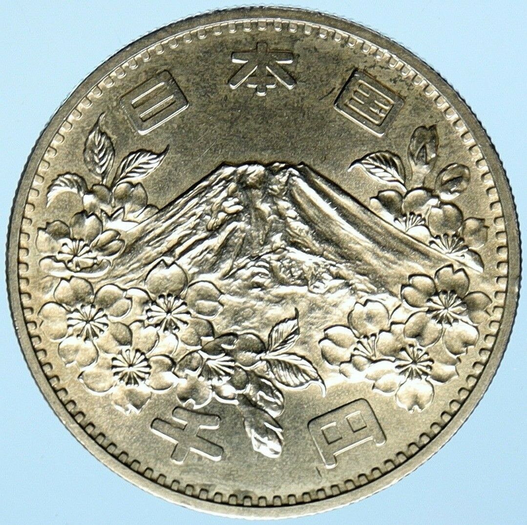 1964 JAPAN Tokyo Summer Olympic Games CHERRY MT FUJI Silver 1000Y Coin i98941