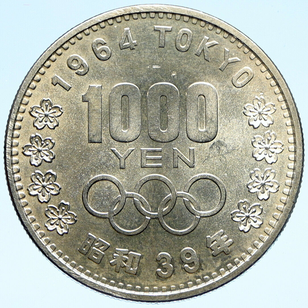 1964 JAPAN Tokyo Summer Olympic Games CHERRY MT FUJI Silver 1000Y Coin i98941