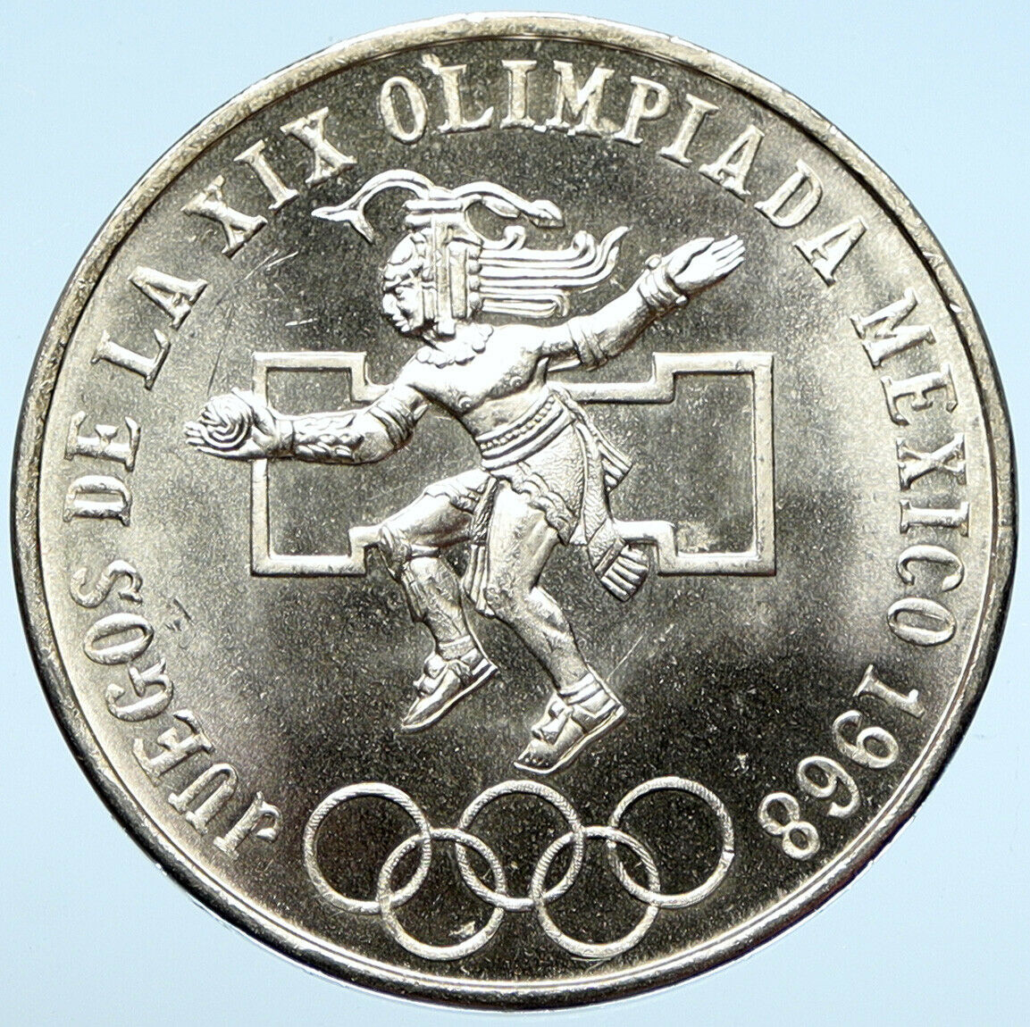 1968 Mexico XIX Olympic Games Aztec Ball Player BIG 25 Pesos Silver Coin i99025