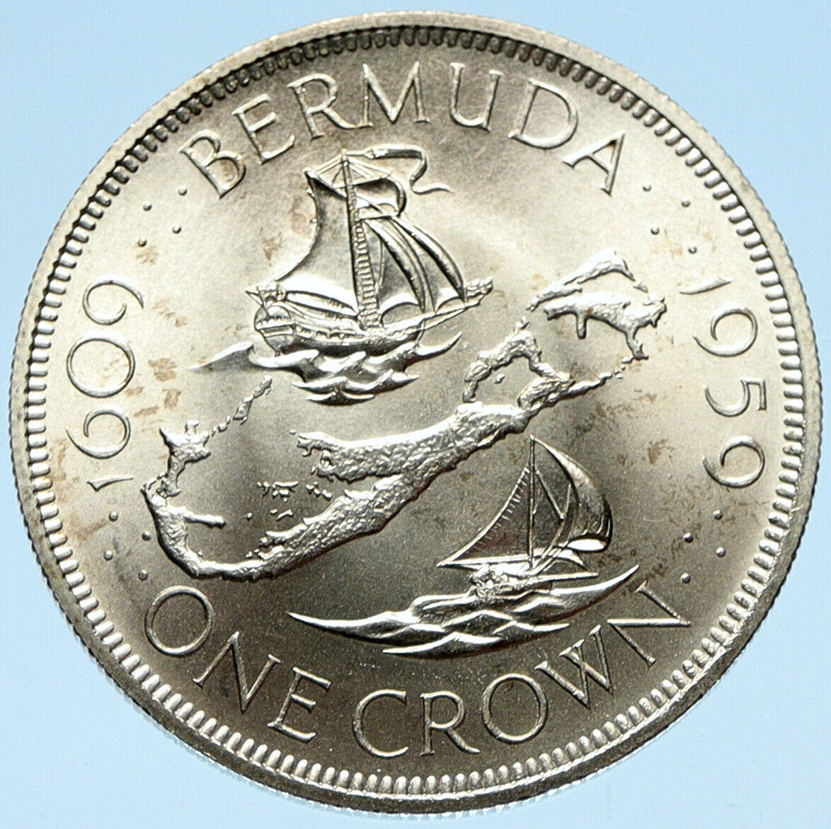 1959 BERMUDA British Colony Elizabeth II LARGE Boats BU Silver Crown Coin i99016