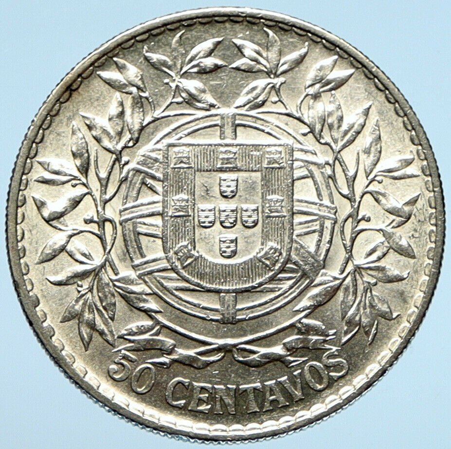 1913 PORTUGAL Antique BIG Silver 50 Centavos PORTUGUESE Coin w LIBERTY i99024