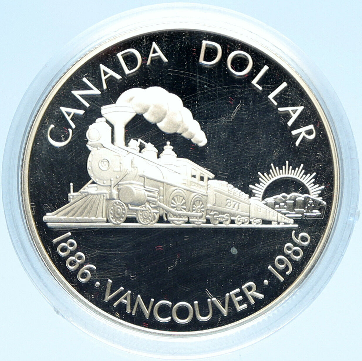 1986 CANADA Vancouver with UK Queen Elizabeth II Train Proof Silver Coin i98929