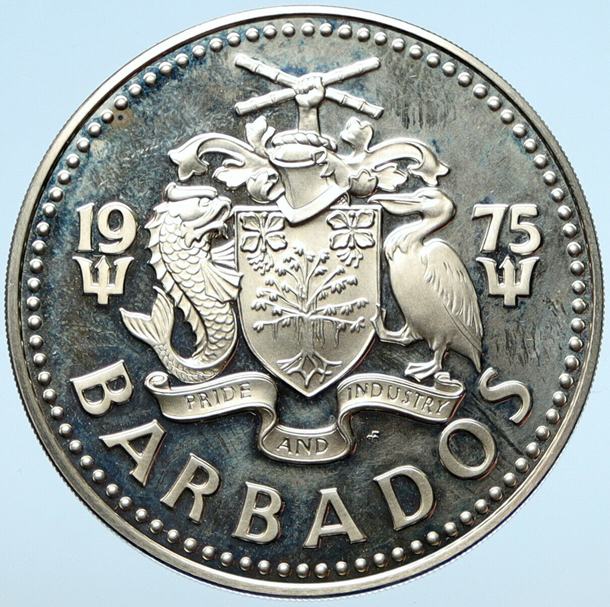 1975 BARBADOS Proof Arms Fountain Trafalgar Antique Silver 5 Dollars Coin i99021