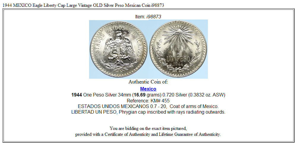 1944 MEXICO Eagle Liberty Cap Large Vintage OLD Silver Peso Mexican Coin i98873