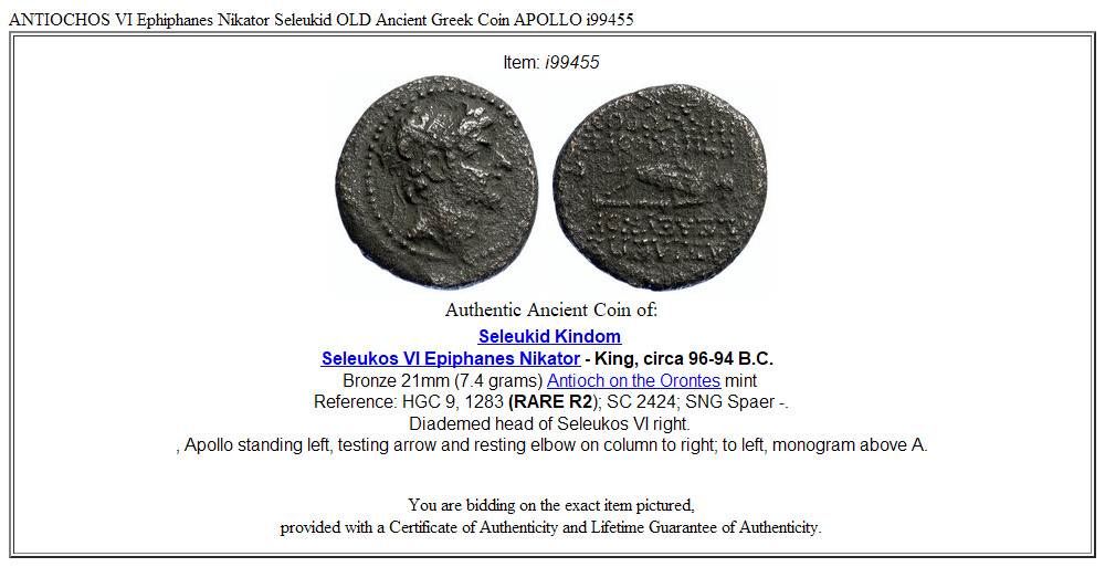 ANTIOCHOS VI Ephiphanes Nikator Seleukid OLD Ancient Greek Coin APOLLO i99455