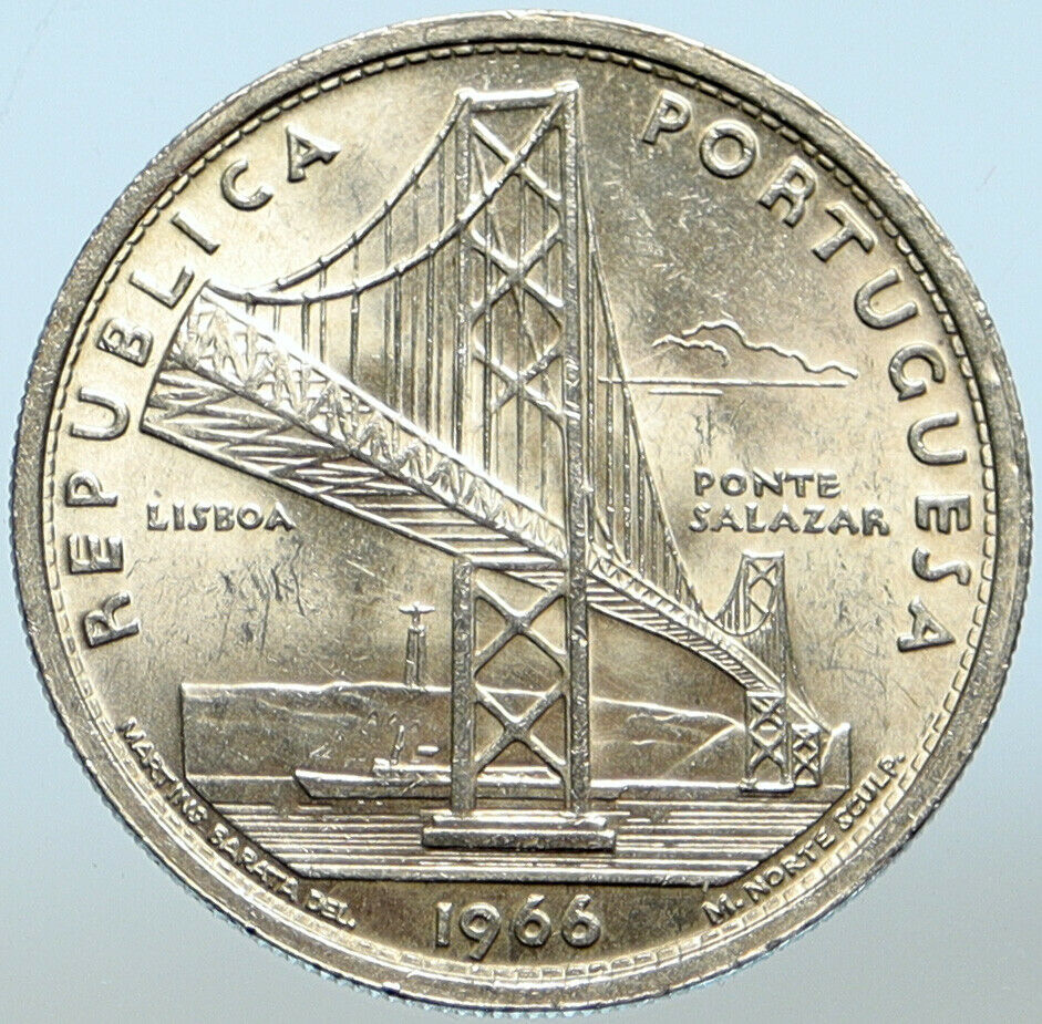 1966 PORTUGAL Opening of SALAZAR BRIDGE Antique BU Silver 20 Escudos Coin i99504