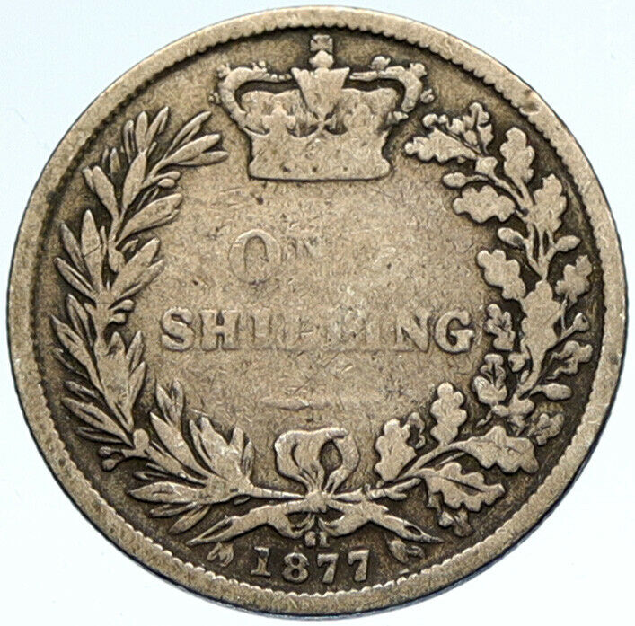 1877 UK Great Britain United Kingdom QUEEN VICTORIA Shilling Silver Coin i99923