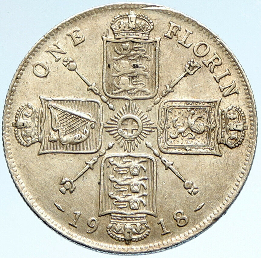 1918 GREAT BRITAIN UK United Kingdom King George V Big SILVER FLORIN Coin i99918
