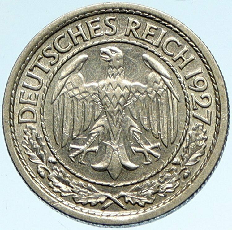 1927 E GERMANY Weimar Republic OLD VINTAGE 50 Pfennig German Coin EAGLE i99919