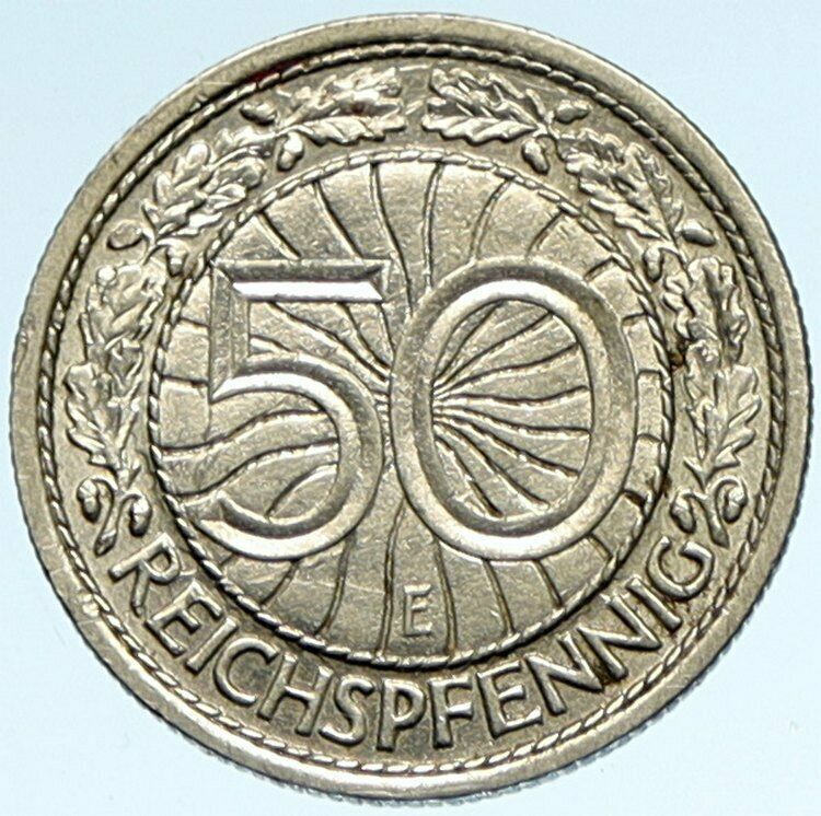 1927 E GERMANY Weimar Republic OLD VINTAGE 50 Pfennig German Coin EAGLE i99919