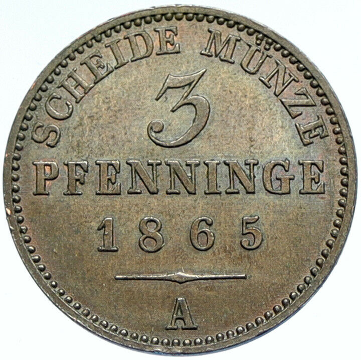 1865 A GERMAN STATES PRUSSIA King WILHELM I Antique OLD 3 Pfenninge Coin i99921