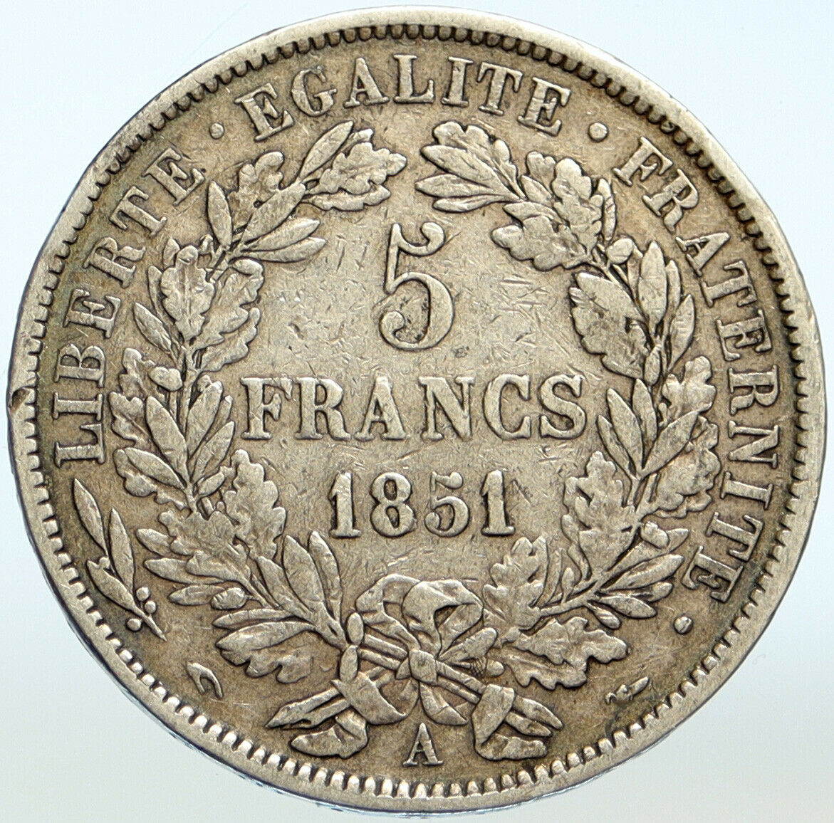 1851 A FRANCE Antique LIBERTY Wreath Genuine Silver 5 Franc French Coin i99501