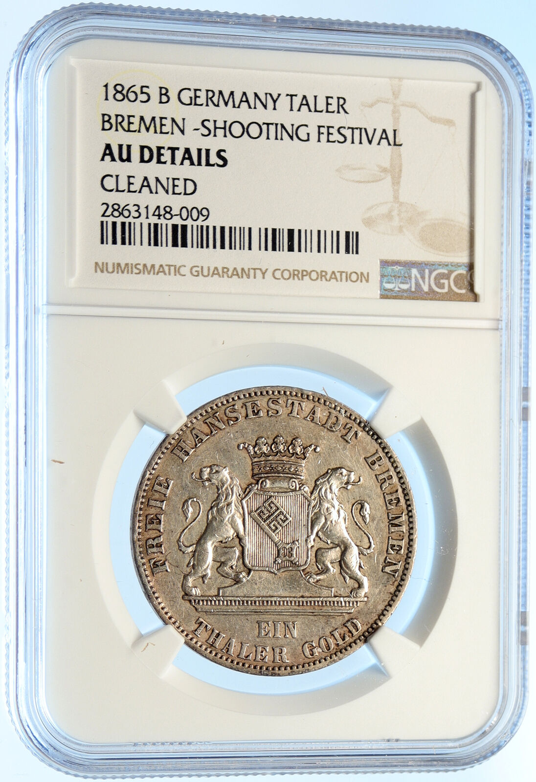 1865 B GERMAN STATES BREMEN Shooting Festival OLD Silver Taler Coin NGC i98420