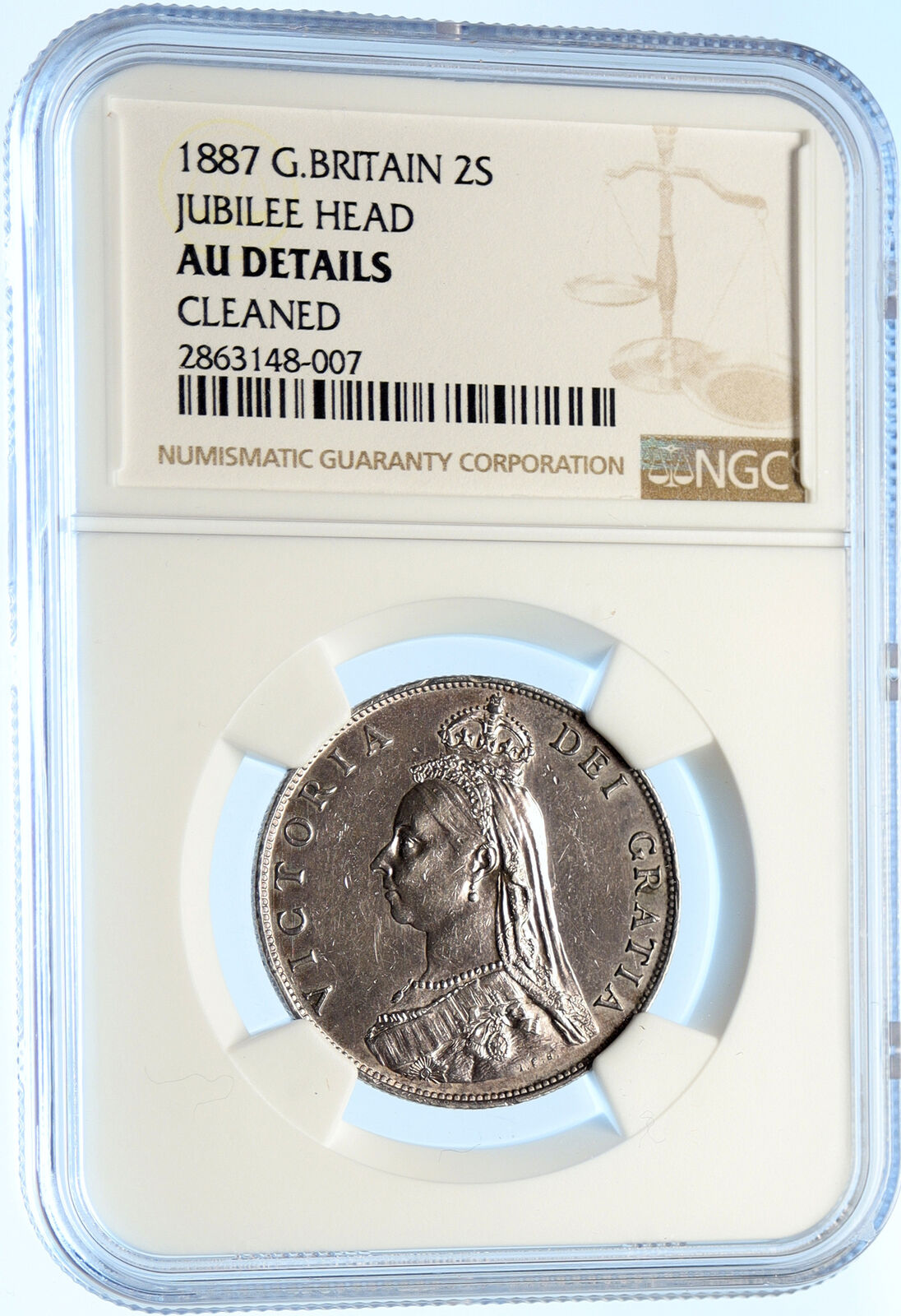 1887 UK Great Britain United Kingdom QUEEN VICTORIA Antique 2Shl Coin NGC i98418