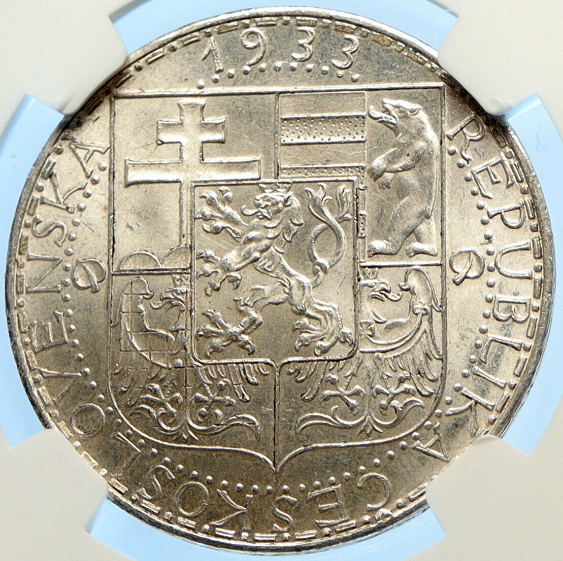 1933 CZECHOSLOVAKIA Industry Agriculture Business Silver 20 Korn Coin NGC i98410