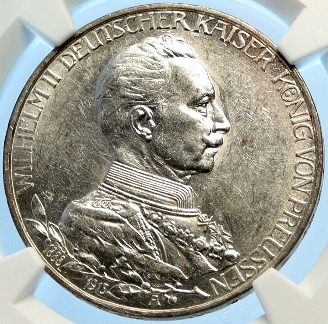 1913 A GERMANY GERMAN STATES PRUSSIA WILHELM II Silver 3 Marks Coin NGC i98413