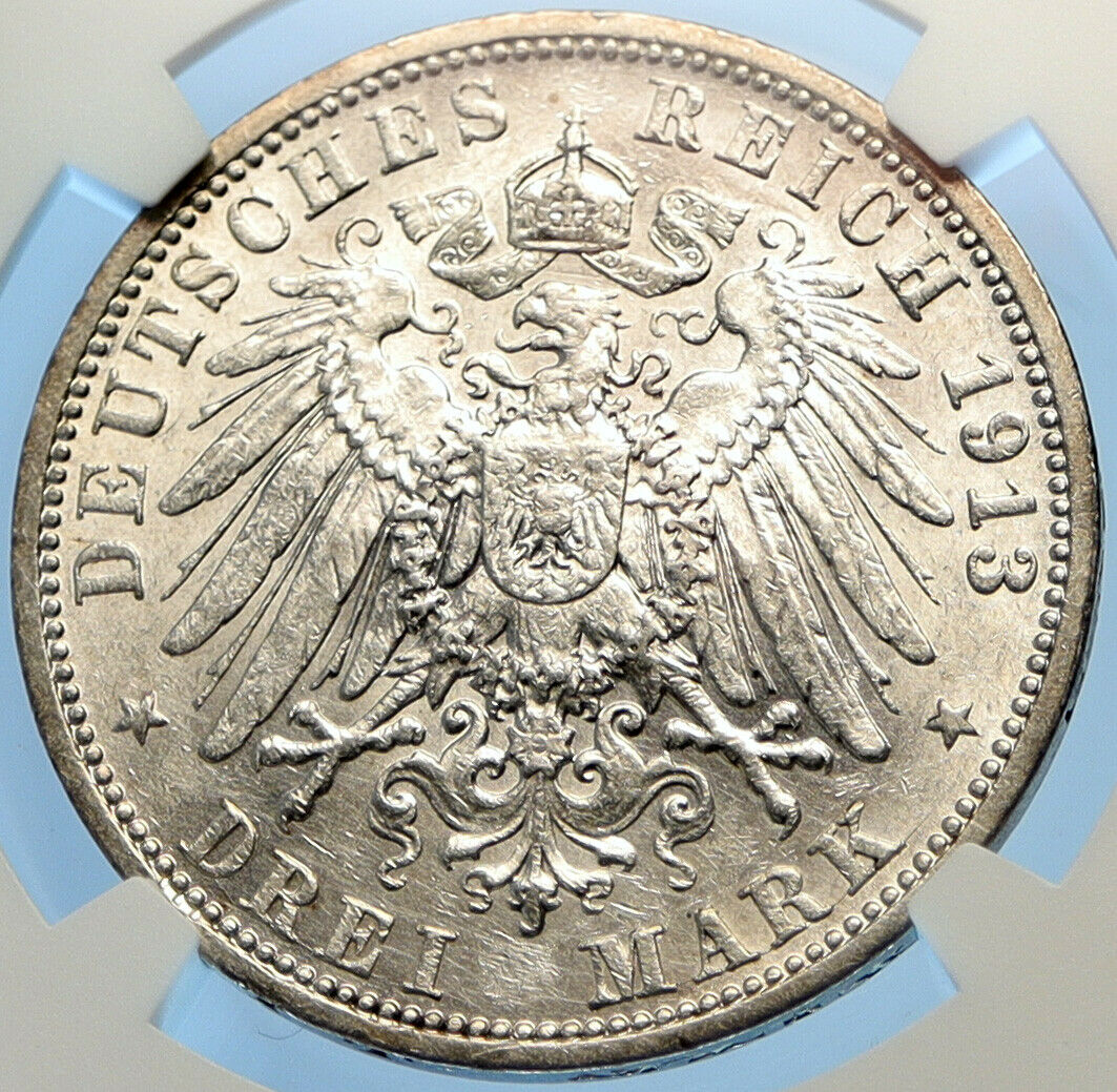 1913 A GERMANY GERMAN STATES PRUSSIA WILHELM II Silver 3 Marks Coin NGC i98413