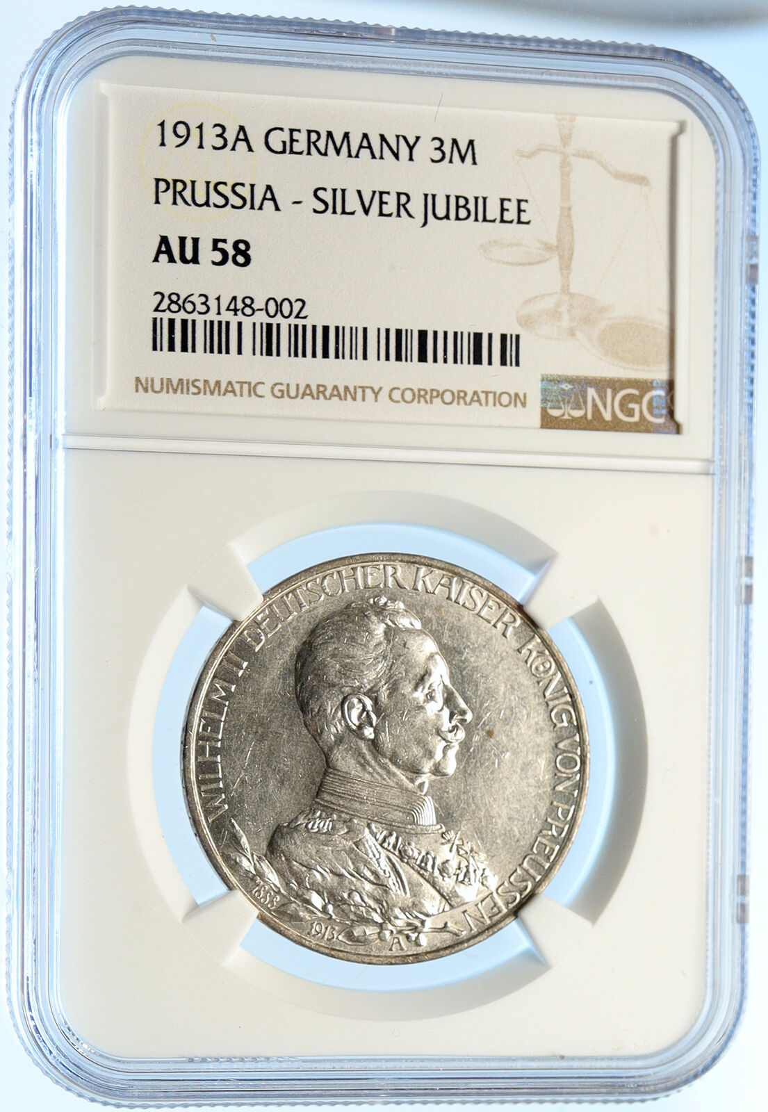 1913 A GERMANY GERMAN STATES PRUSSIA WILHELM II Silver 3 Marks Coin NGC i98413