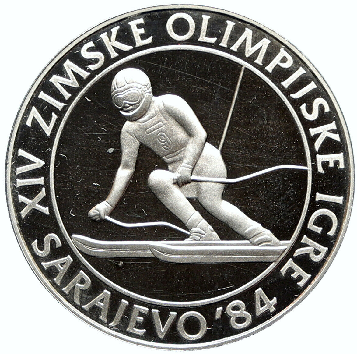 1984 YUGOSLAVIA Winter Olympics SARAJEVO Slalom Skier PF Silver 500D Coin i98793