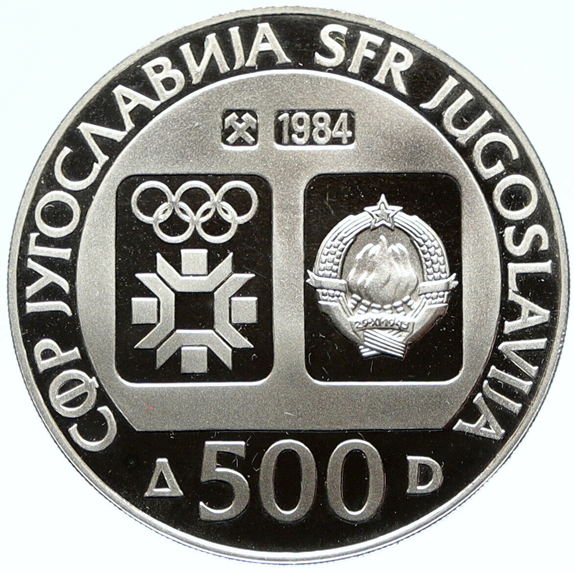 1984 YUGOSLAVIA Winter Olympics SARAJEVO Slalom Skier PF Silver 500D Coin i98793