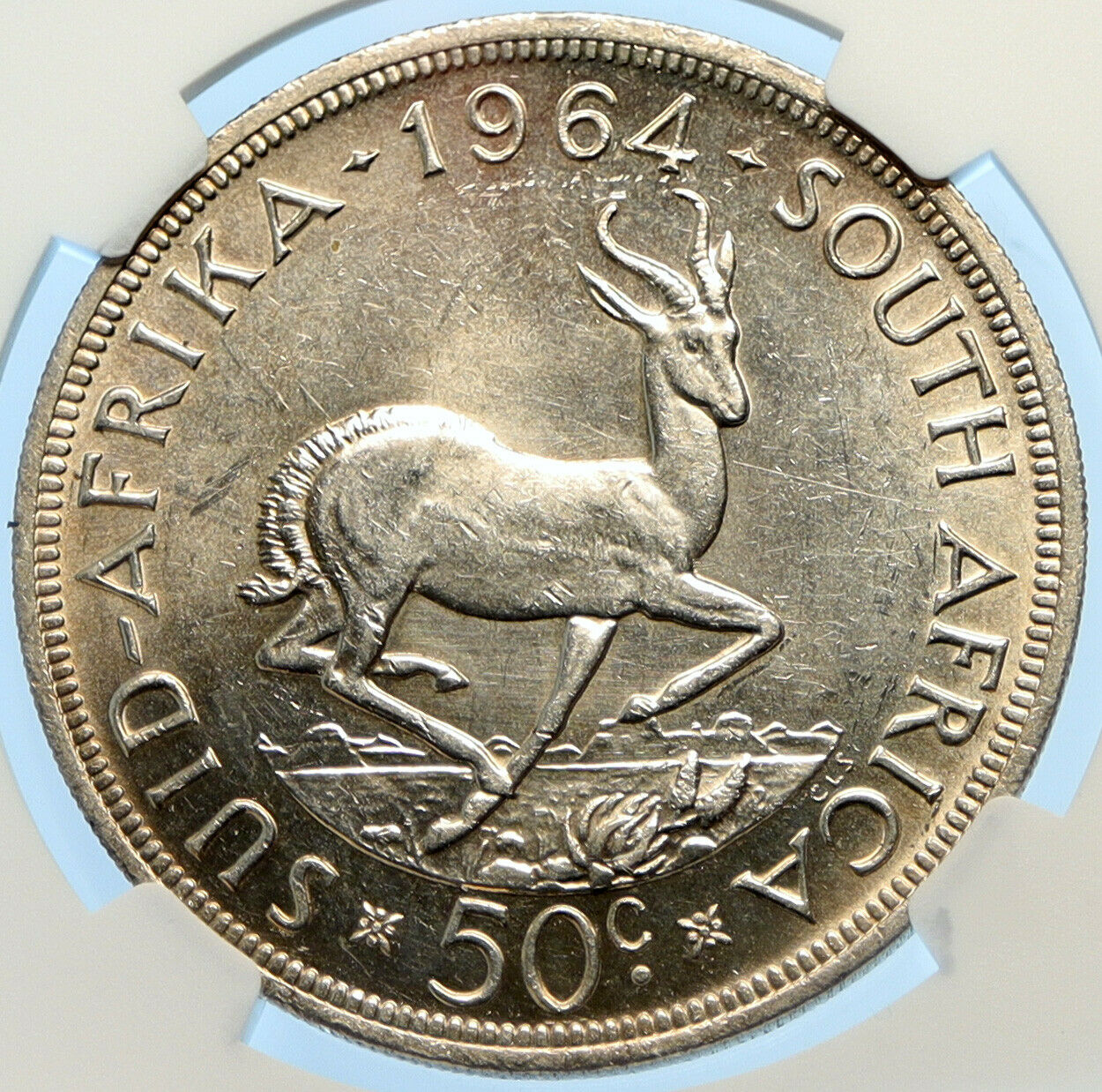 1964 SOUTH AFRICA Founder Jan van Riebeeck Deer OLD Silver 50Cnt Coin NGC i98415