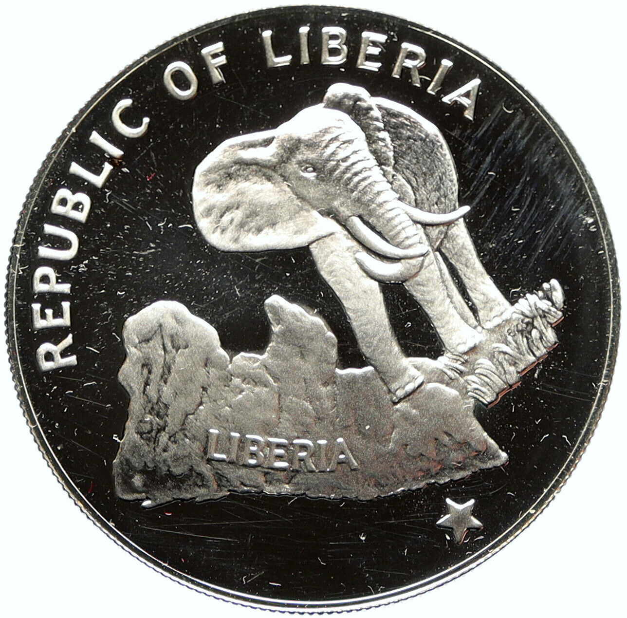 1973 LIBERIA State Map with Elephant Antique VINTAGE Proof Silver $5 Coin i98804