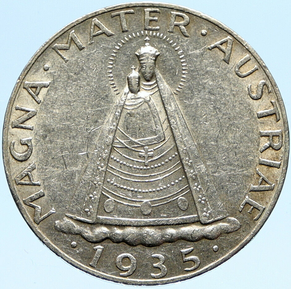 1935 AUSTRIA Mariazell Madonna HISTORIC Halos OLD Silver 5 Schilling Coin i98800